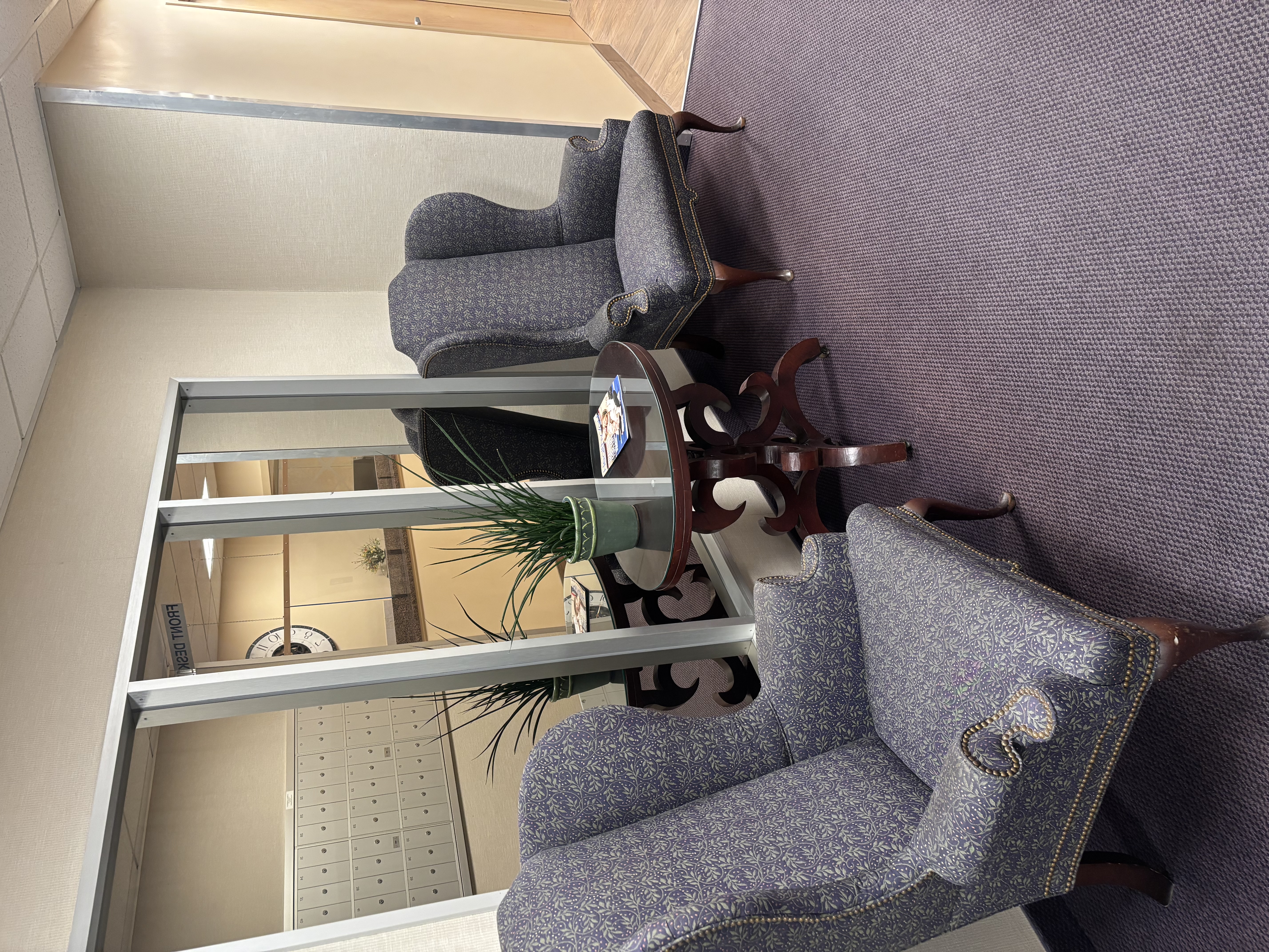 Seating in an office hallway.